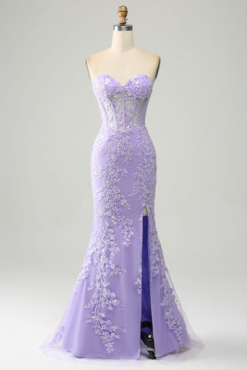 Lilla sirena Sweetheart Corsetto Appliques Prom Dress con fessura laterale